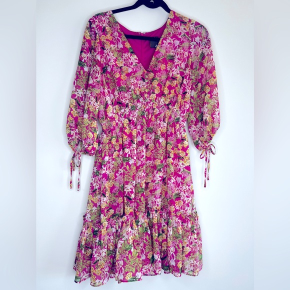 Taylor Dresses & Skirts - TAYLOR pink Floral 3/4 Sleeve V-Neck  Ruffle Trim Smocked Mini Dress Size 8